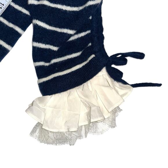 NWT Cinq A Sept Atlas Striped Wool Blend Ruched Sleeves Navy Cardigan MEDIUM - Picture 10 of 11